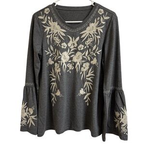 Womens Sz M Bohemian Hippie Floral Lace Embroidered Long Bell Sleeve Blouse Top